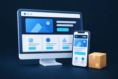 Un site web sur ordinateur et téléphone, accompagné d’un colis pour le commerce en ligne.