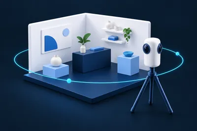 Une pièce de showroom miniature avec une caméra panoramique sur trépied.