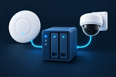 Une borne Wi-Fi, une caméra de surveillance et un serveur de stockage NAS reliés.