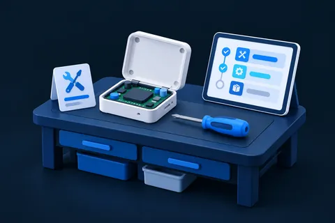Un établi de réparation électronique avec une fiche et une tablette de suivi du service après-vente.