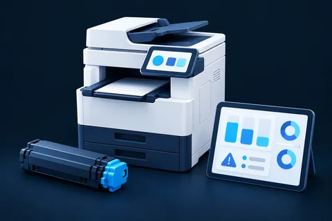 Un copieur, un toner et une tablette pour suivre les niveaux, les compteurs et les alertes.