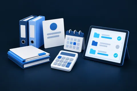 Des dossiers, une attestation, une calculatrice, un agenda et une tablette de suivi administratif.