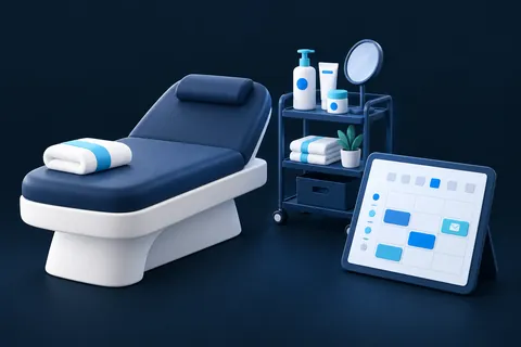 Une table de soins, des flacons, un miroir et une tablette pour organiser les rendez-vous.