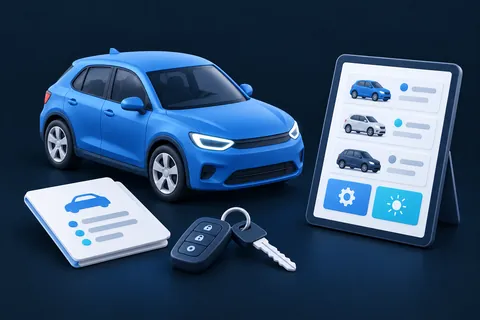 Une voiture miniature, une clé, un dossier de vente et une tablette pour gérer les véhicules.