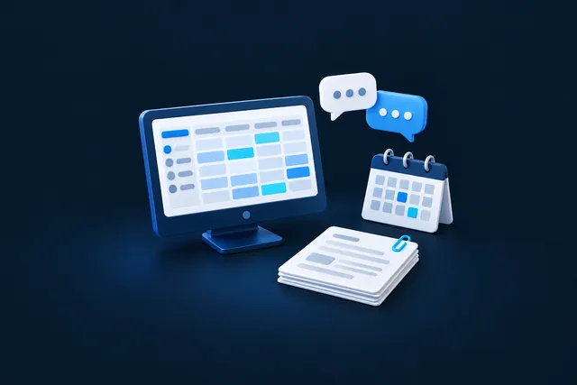 A workstation with a spreadsheet, paper documents and a calendar, shown during a first conversation.