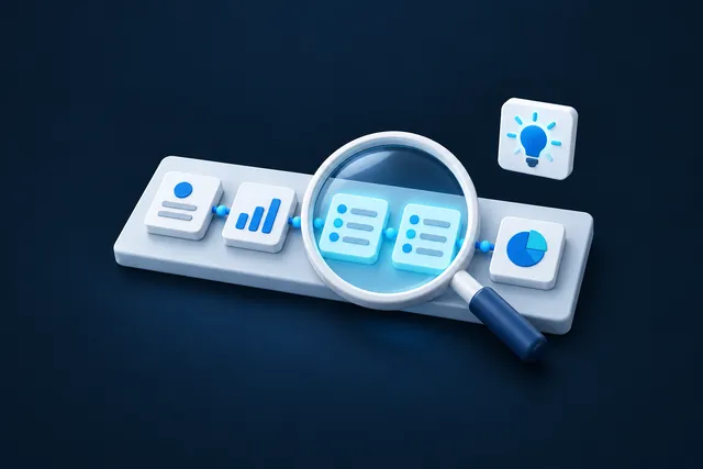 A magnifying glass over a workflow diagram, highlighting a repeated step.