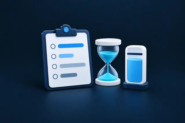 An action plan with a list of steps, an hourglass and a capped budget gauge.